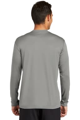 A long sleeve performance tee in grey, featuring a simple design and a logo on the back.