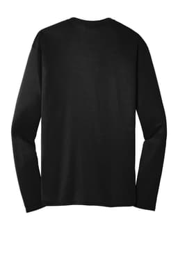 A black long sleeve performance tee with a simple, unadorned back design and fitted sleeves.