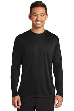 A man models a black long sleeve performance tee with a simple design and a logo on the chest.