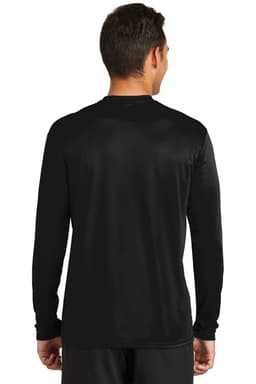 A black long sleeve performance tee features a smooth back and a fitted design. It includes a logo on the garment.