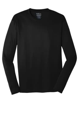 A black long sleeve performance tee featuring a crew neck and fitted sleeves, with a logo on the inside.