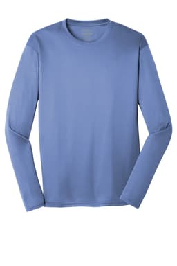 A long sleeve performance tee in a soft blue colour with a logo on the chest.