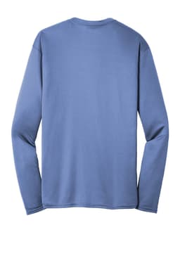 A long sleeve performance tee in blue with a plain back, featuring a logo on the fabric.