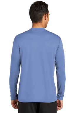 A long sleeve performance tee in a light blue colour, featuring a logo and designed for comfort.