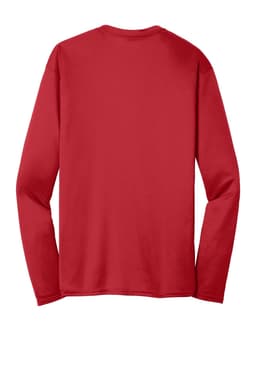 A long sleeve performance tee in red, featuring a plain back design and a logo on the neckline.