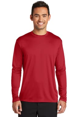 A long sleeve performance tee in red, featuring a smooth fabric finish and a logo.