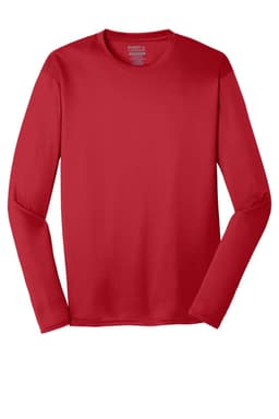 A red long sleeve performance tee with a crew neckline and a logo on the label.