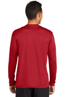 A long sleeve performance tee in red, featuring a logo, shown from the back on a model.