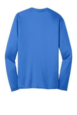 A blue long sleeve performance tee featuring a simple design and no visible branding.