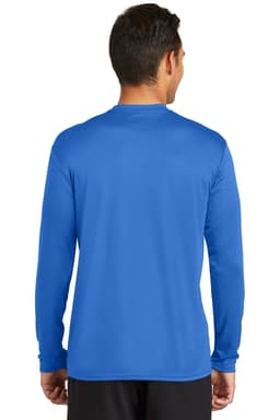 A long sleeve performance tee in vibrant blue, featuring a simple design and a logo on the back.