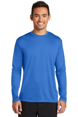 A man wearing a long sleeve performance tee in bright blue, featuring a logo on the chest.