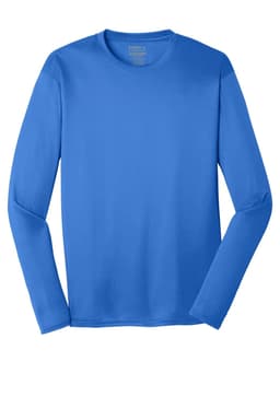 A long sleeve performance tee in vibrant blue, featuring a brand logo on the label.