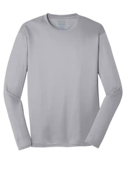 A long sleeve performance tee in light grey with a round neckline. The shirt has a logo on it.