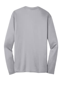 A grey long sleeve performance tee with a plain back and long sleeves. Features a logo on the sleeve.