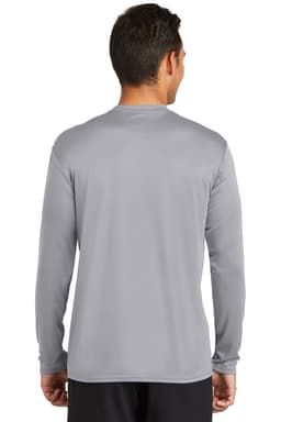 A long sleeve performance tee in light grey with a logo on the back, featured on a model.