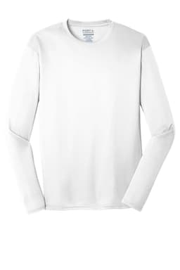 A white long sleeve performance tee featuring a logo, designed for comfort and active wear.