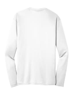 A long sleeve performance tee in white, featuring a plain back and long sleeves, with a small logo present.