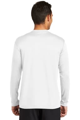 A man is wearing a white long sleeve performance tee, featuring a logo on the back.