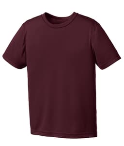 A maroon youth performance tee with short sleeves and a crew neckline, featuring a logo.
