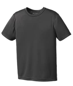 A black youth performance tee with a round neckline and short sleeves, featuring a brand logo.