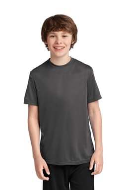 A youth performance tee in dark grey, featuring a logo, designed for comfort and active wear.