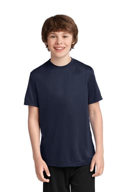 A youth performance tee in navy blue, featuring short sleeves and a smooth fabric. The shirt has a logo on it.