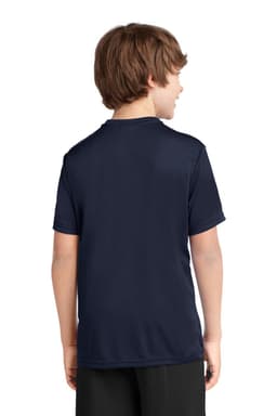 A navy blue youth performance T-shirt, featuring short sleeves and a back view. It has a branding logo.