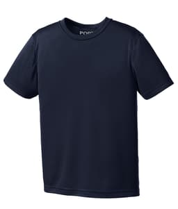 A navy blue youth performance t-shirt with short sleeves and a branded label at the neckline.