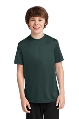 A youth performance tee in dark green, featuring short sleeves and a round neckline, with a logo on the front.