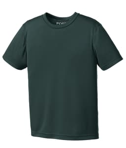 A dark green youth performance tee with short sleeves and a plain design, featuring a logo on the neckline.