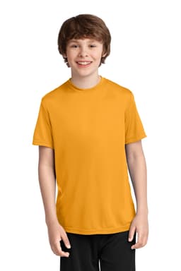 A youth performance tee in vibrant yellow, featuring a round neck and short sleeves, worn by a smiling boy.