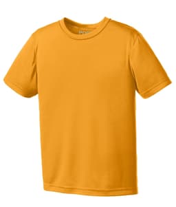 An orange youth performance tee with short sleeves and a logo on the neckline.