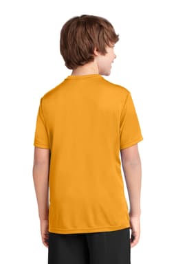 A yellow youth performance tee, featuring a plain back design. The shirt is worn by a child, displaying a relaxed fit.