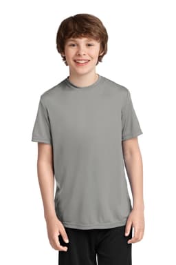 A youth performance tee in grey, featuring a crew neck design and a logo on the front.