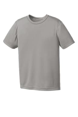 A light grey youth performance t-shirt featuring short sleeves and a round neckline. It includes a logo.
