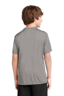 A youth grey performance tee viewed from the back, featuring short sleeves and a smooth texture.