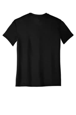 A plain black youth performance tee with short sleeves and a smooth fabric texture, featuring a branding logo.