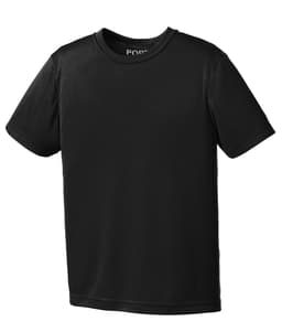 A black youth performance tee with short sleeves and a simple design. Features a logo on the neckline.