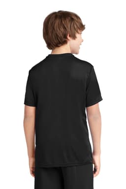 A black youth performance tee featuring short sleeves and a simple design with a logo on the back.