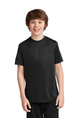 A youth black performance tee displayed on a smiling child, featuring a smooth fabric and a simple design.