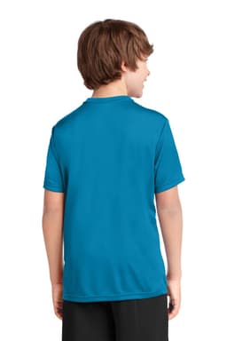 A youth performance tee in vibrant blue, featuring short sleeves and a smooth texture, shown from the back.