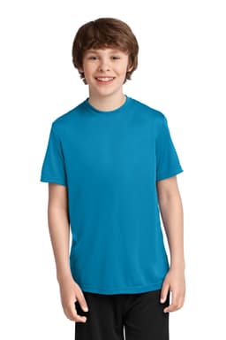 A youth performance tee in bright blue, featuring a simple design and a logo, worn by a child.