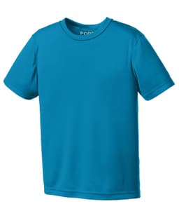 A bright blue youth performance tee with short sleeves. The shirt features a logo on the neck label.