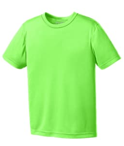 A bright green youth performance T-shirt made from moisture-wicking fabric, featuring a logo on the front.