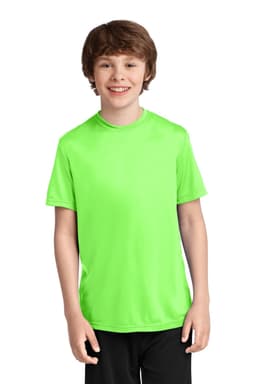 A bright green youth performance tee is displayed, featuring a simple design and short sleeves. It has a logo on it.