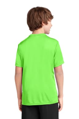 A youth performance tee in bright green, displayed from the back, featuring a simple design with a logo.