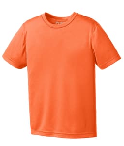An orange youth performance tee with short sleeves, featuring a simple design and a logo on the collar.