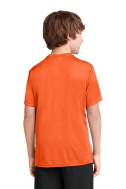 A youth performance tee in bright orange, featuring a logo, shown from the back on a child model.