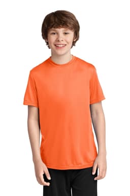 An orange youth performance T-shirt with a crew neck, featuring a logo on the front.