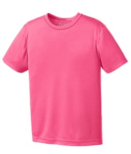 A pink youth performance tee with short sleeves, featuring a logo on the collar.